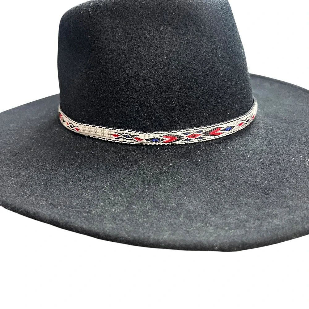 Wyeth Black Wool Felt Fedora Hat with Woven Geometric Band Adjustable OS